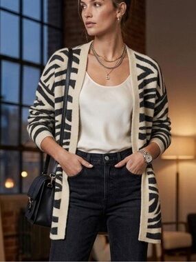 Cream and Black Zebra-Print Open-Front Cardigan Sweater